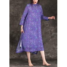 DIY purple print linen Long Shirts Fashion Neckline stand collar side open loose Summer Dresses