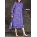 DIY purple print linen Long Shirts Fashion Neckline stand collar side open loose Summer Dresses