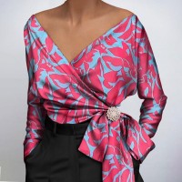 women shirt Satin Blouse Print Blouses Sexy Belt Top Elegant HF2813-02-01