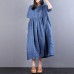 fashion long linen dresses oversize Loose Lacing Ramie Short Sleeve Blue Pleated Dress