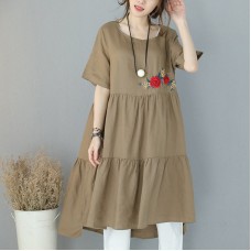 New khaki natural linen dress trendy plus size embroidery linen clothing dress 2018short sleeve caftans