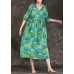Loose green linen clothes Vintage Fabrics v neck tie waist linen robes Summer Dress