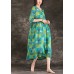 Loose green linen clothes Vintage Fabrics v neck tie waist linen robes Summer Dress