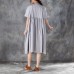 baggy natural cotton dress  stylish Loose Short Sleeve Round Neck Gray Pleated Dress