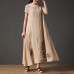 French linen clothes For Women Vintage Short Sleeve Beige Loose Women Round Neck Linen Dress